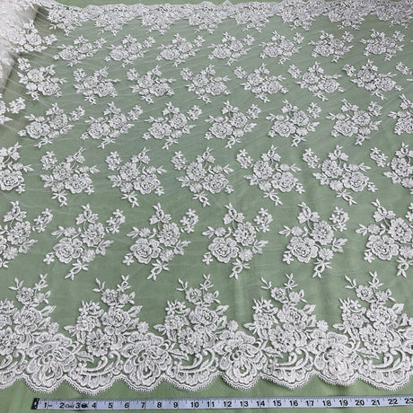 1 Yard Stunning Beaded and Corded Bridal Lace Fabric Embroidered on 100% Polyester Net Mesh White