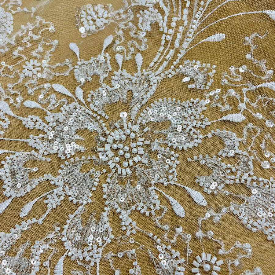 1 Yard Beaded Lace Fabric Embroidered on 100% Polyester Net Mesh