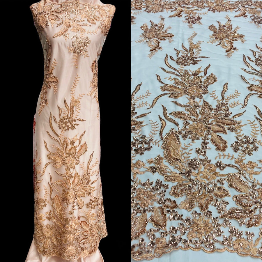 1 Yard Beaded Lace Fabric Embroidered on 100% Polyester Net Mesh | Off White, Cream, Ivory, Blush, and Gold