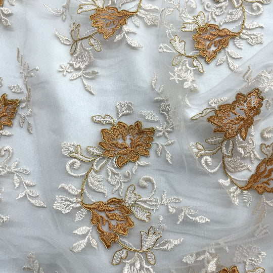 1 Yard Corded Bridal Lace Fabric Embroidered on 100% Polyester Net Mesh Gold 53" Wide