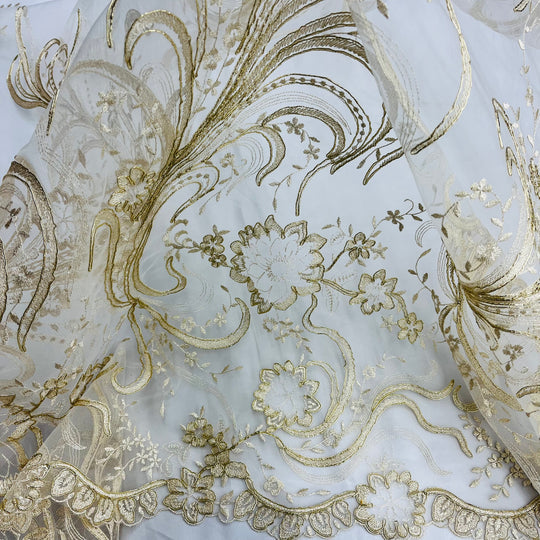 1 Yard Elegant Corded Bridal Lace Fabric Embroidered on 100% Polyester Net Mesh – Silver – 54"