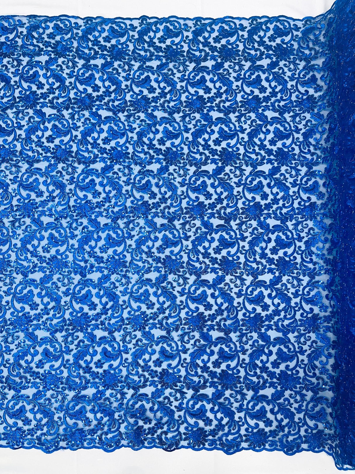 Angela Metallic Corded Lace Fabric - Embroidered Sequins Mesh Lace, Double Scallop Edge, 50-54" Width (1 Yard)