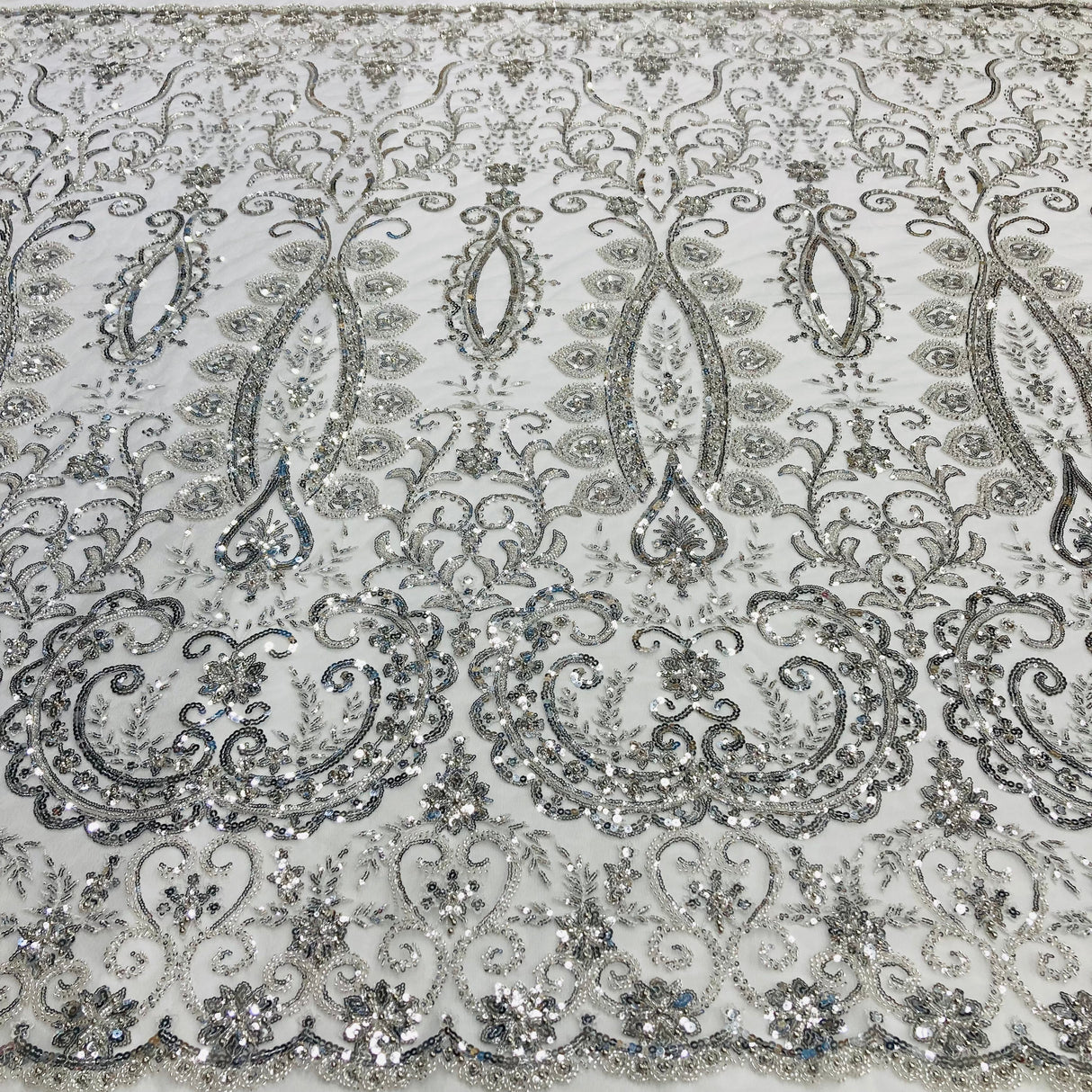 Beaded Lace Fabric on Polyester Net Mesh