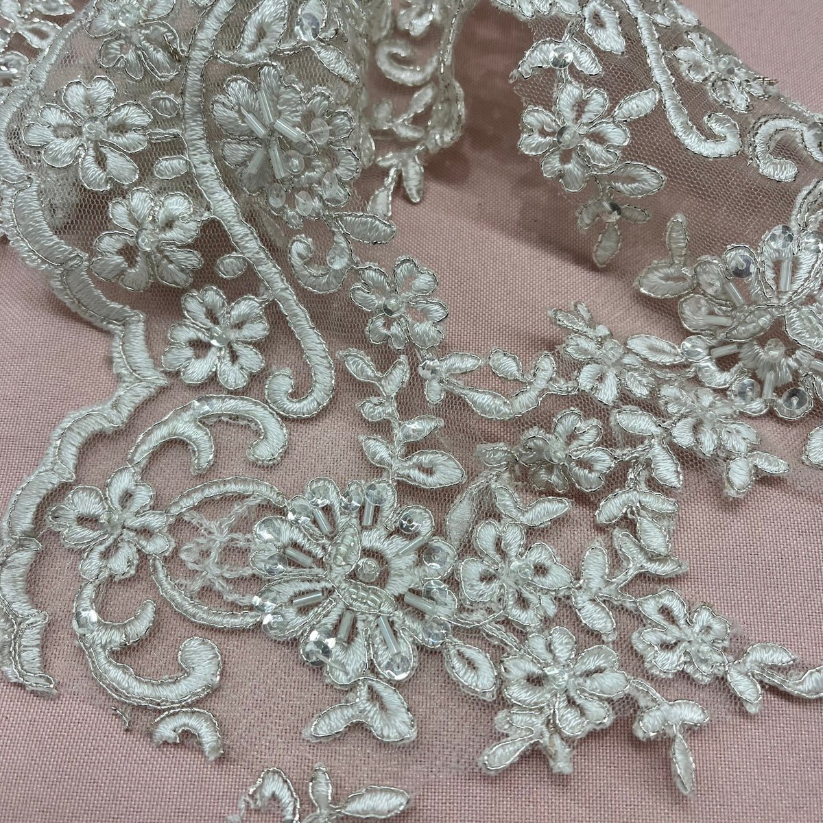 1 Yard Beaded & Corded Floral Lace Trimming on 100% Polyester Net Mesh, Elegant Embroidered Lace Trim