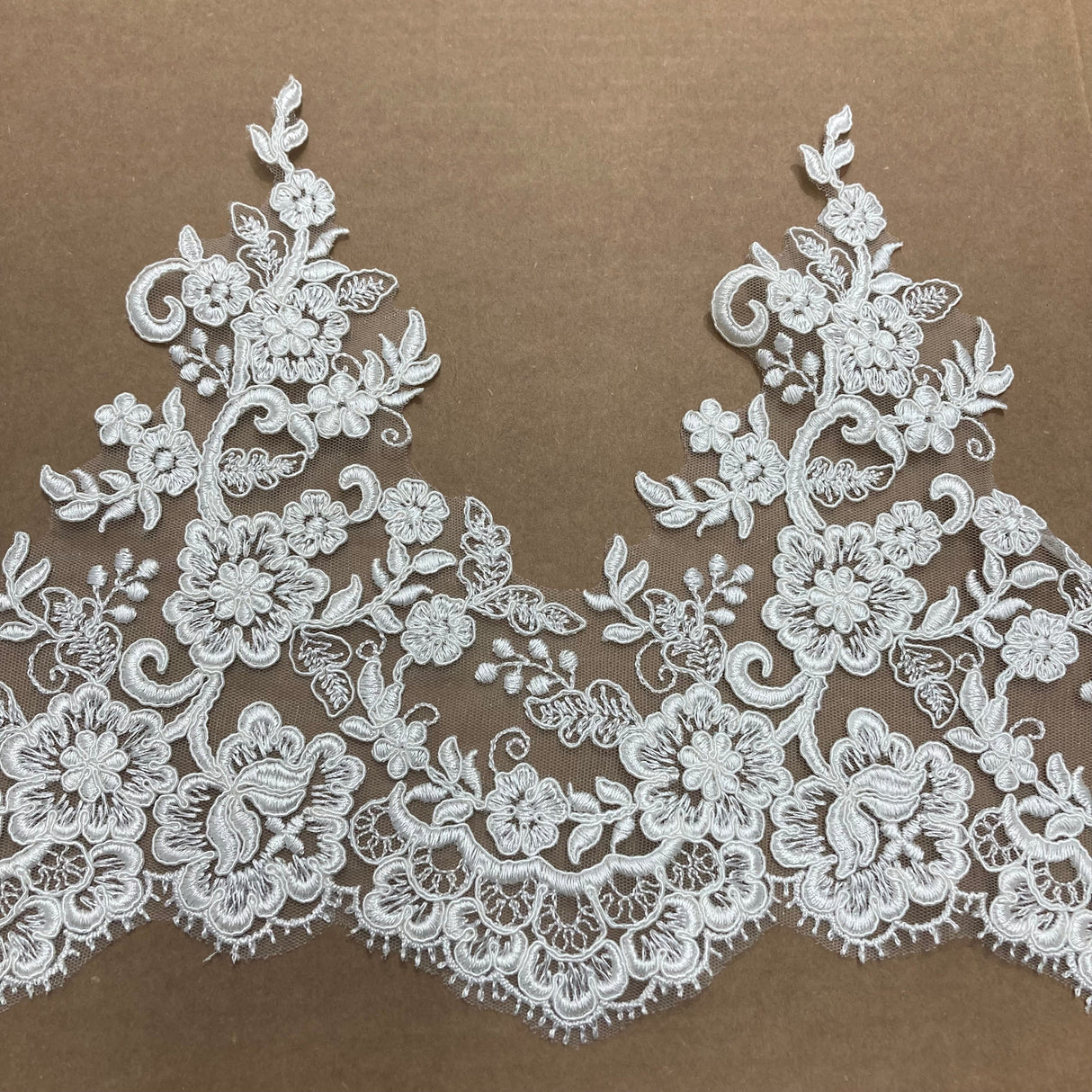 Floral Corded Embroidered Lace Trim Polyester Fabric - Scalloped Edge, 11" Width, Gold, Ivory, Silver, White (1 Yard)