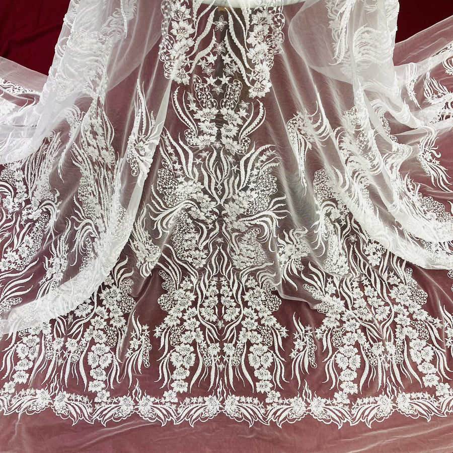 1 Yard Beaded Lace Fabric Embroidered on 100% Polyester Net Mesh | Lace USA - GD-13276 - Ivory