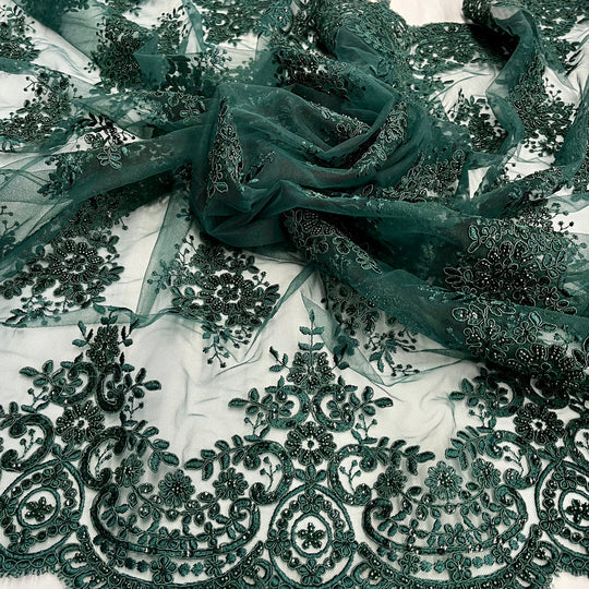 1 Yard Exquisite Beaded and Corded Lace Fabric Embroidered on Polyester Net Mesh