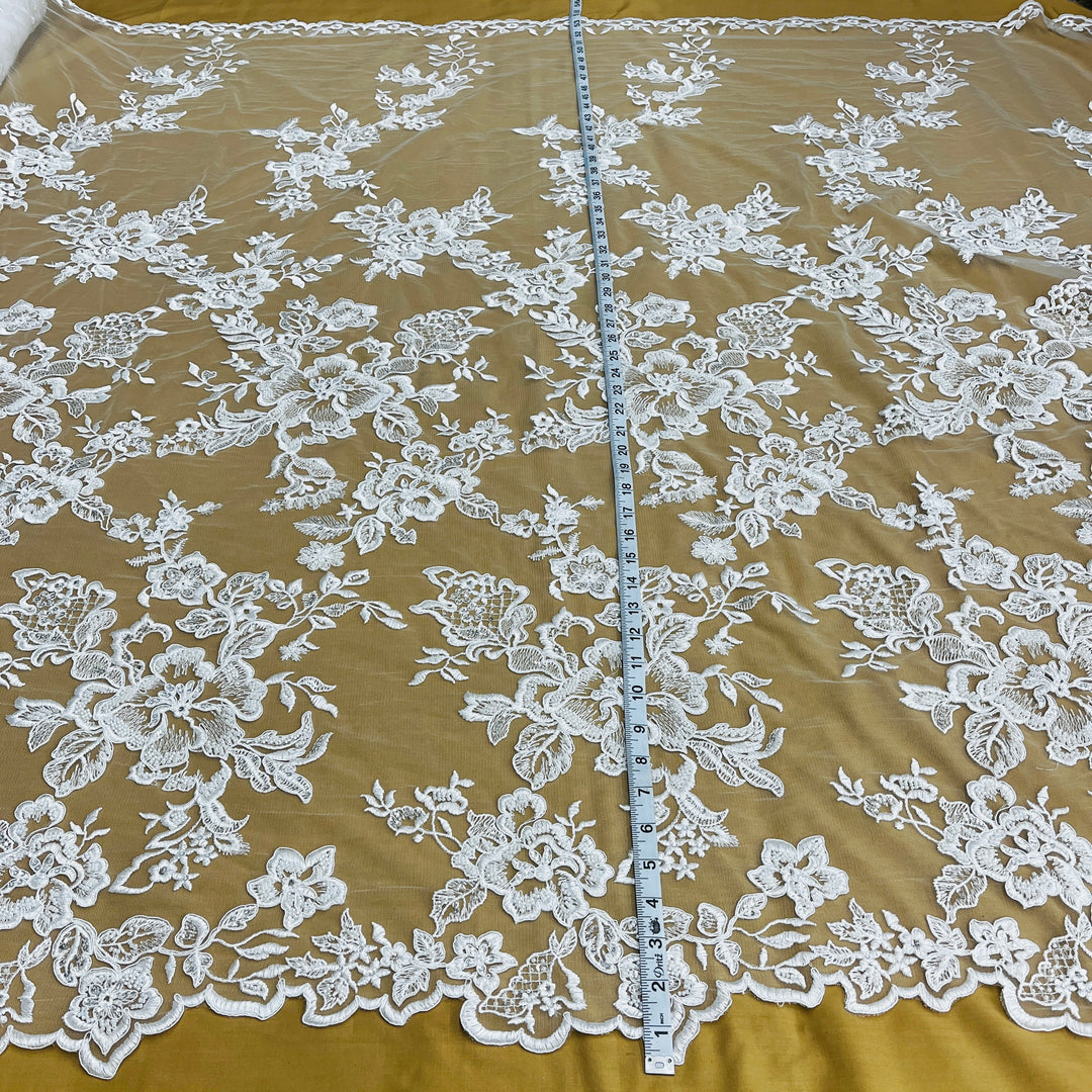 1 Yard Beaded & Corded Bridal Lace Fabric Embroidered on 100% Polyester Net Mesh