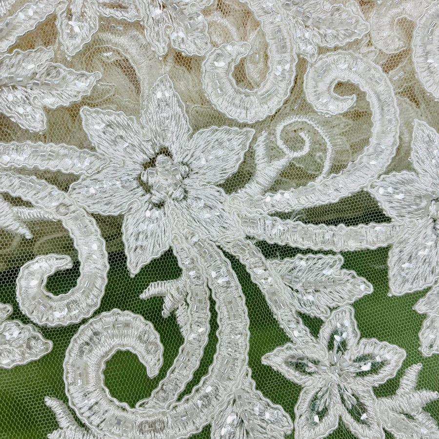 1 Yard Ivory Beaded and Corded Bridal Lace Fabric Embroidered on 100 Percent Polyester Net Mesh 51 Inch Width