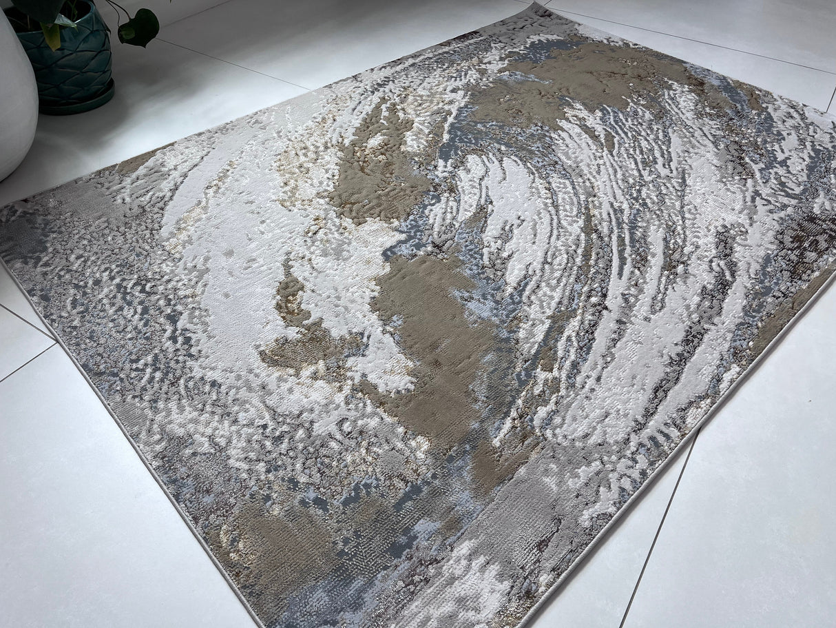 Maximus 240 Polyester Viscose Blend Fabric - Silver With Gold Swirl Design, Color-Changing Flat Weave, 60% Polypropylene 40% Polyester (7' 9" x 10' 2")