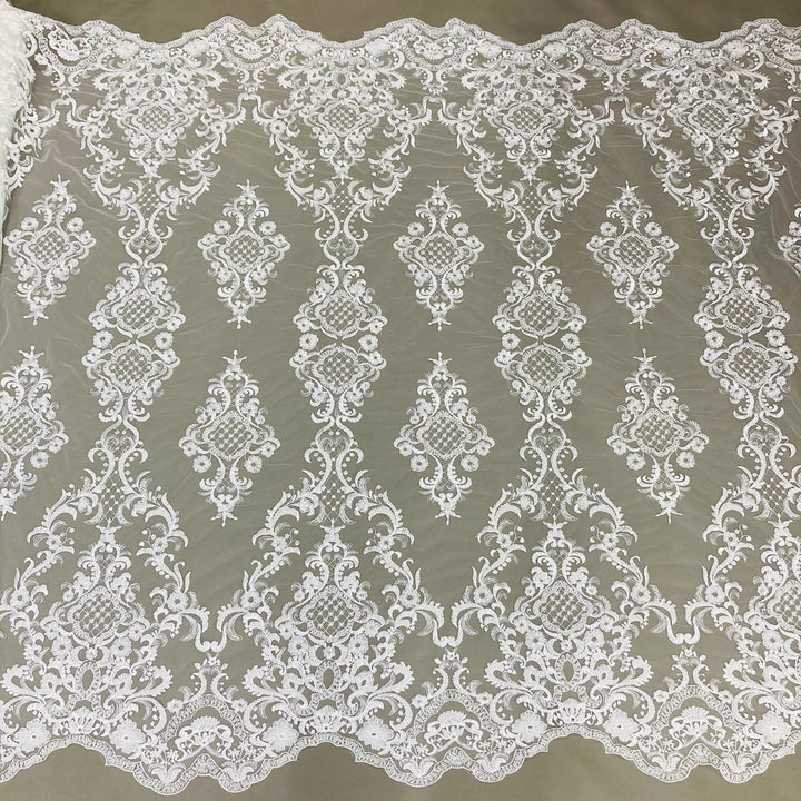 1 Yard Exquisite Beaded Lace Fabric Embroidered on 100% Polyester Net Mesh White