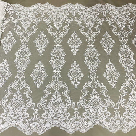 1 Yard Exquisite Beaded Lace Fabric Embroidered on 100% Polyester Net Mesh White