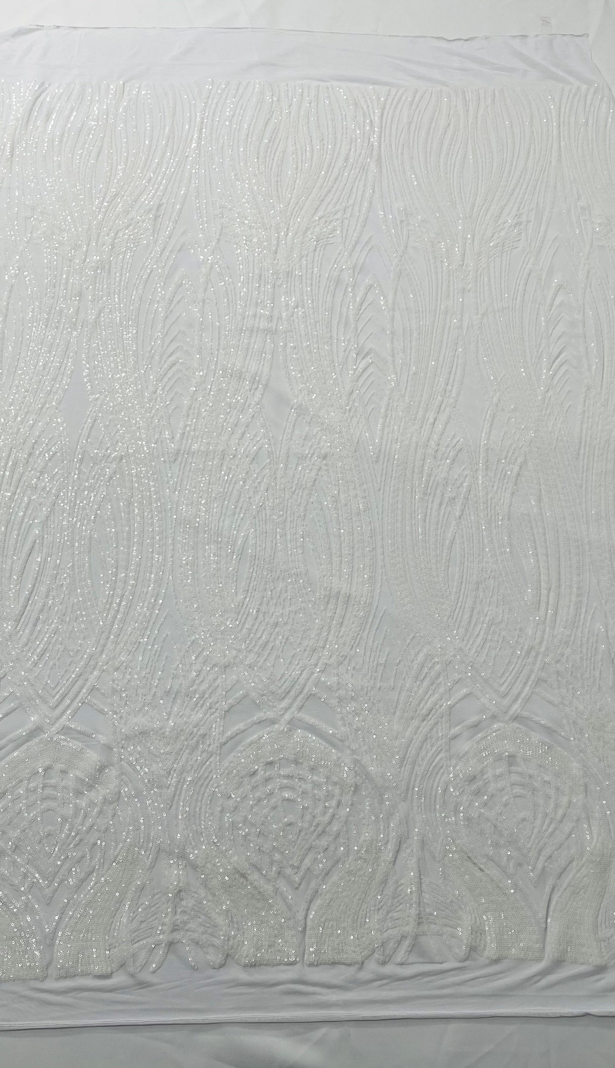 Feather Damask Shiny Sequin Design 4 Way Stretch Mesh Fabric - Iridescent Sequin Embroidered Mesh, 48-50" Width, 36" Length (1 Yard)