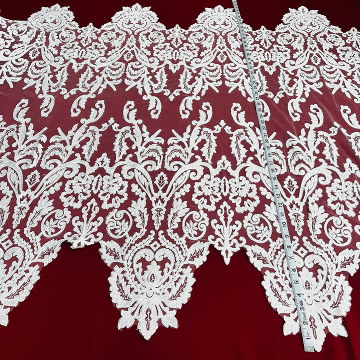 1 Yard Corded Bridal Lace Fabric Embroidered on 100% Polyester Net Mesh White