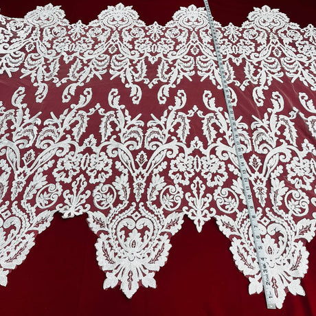 1 Yard Corded Bridal Lace Fabric Embroidered on 100% Polyester Net Mesh White