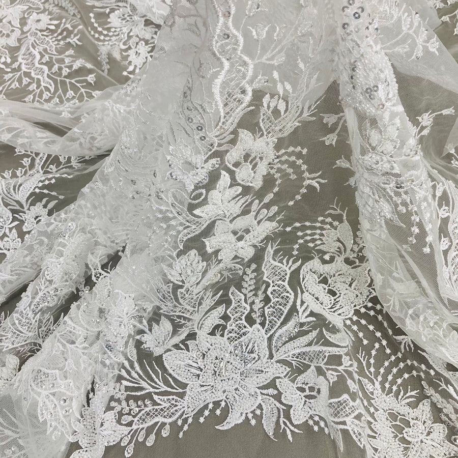 1 Yard Elegant Beaded Lace Fabric White