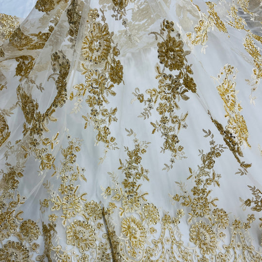 1 Yard Beaded Corded Bridal Lace Fabric Embroidered 100 Percent Polyester Net Mesh 53 inch Width
