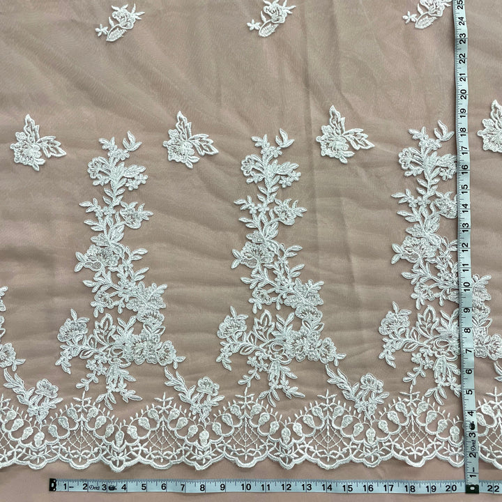 1 Yard Beaded Corded Bridal Lace Fabric Embroidered on Polyester Net White