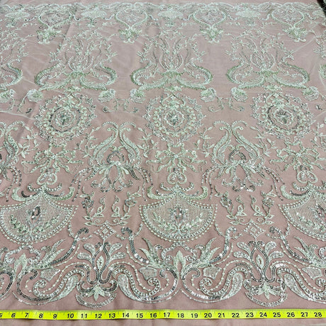 1 Yard Premium Beaded Lace Fabric Embroidered on Polyester Net Mesh White Ivory and Blush