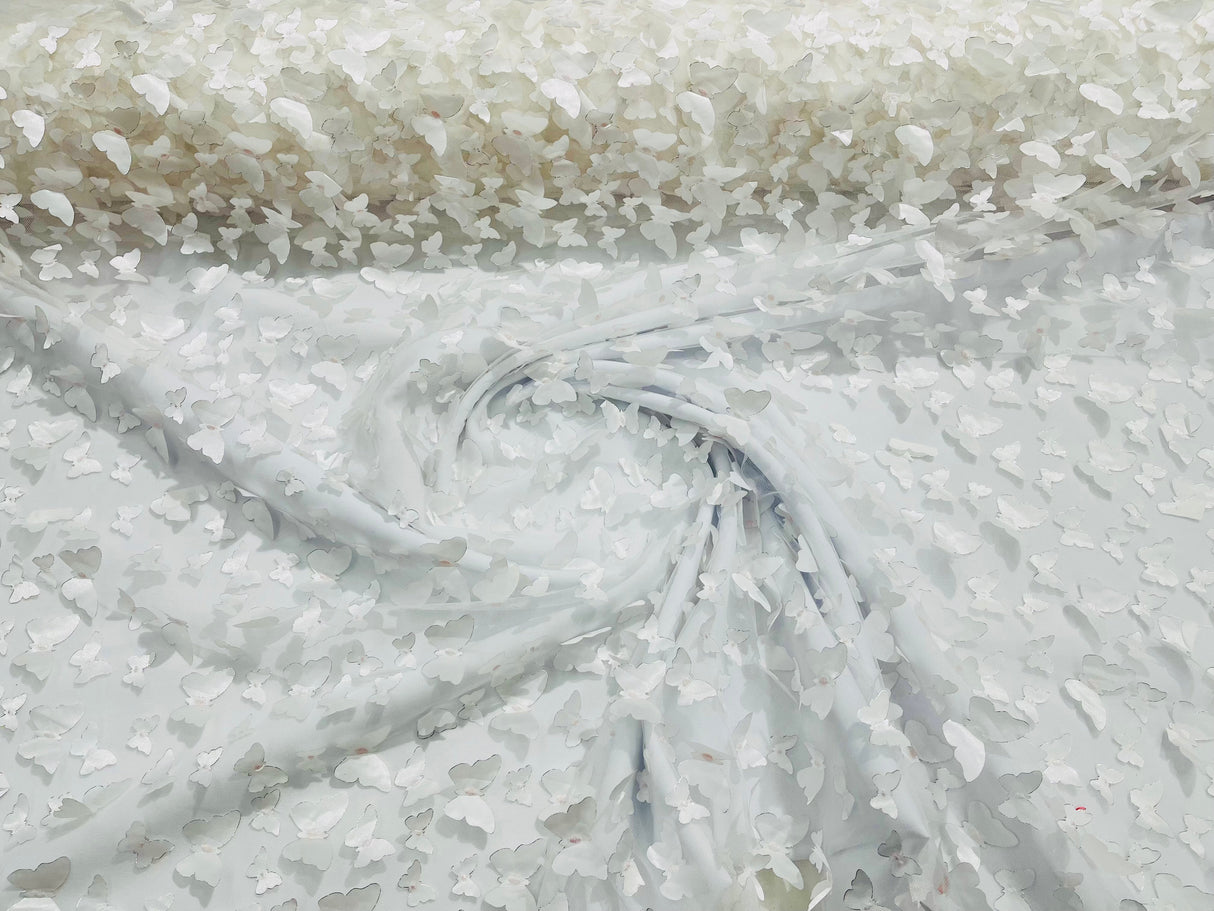 3D Butterfly Metallic Design Polyester Fabric - Metallic Butterfly Embroidery, Mesh Lace, 58" Width (1 Yard)