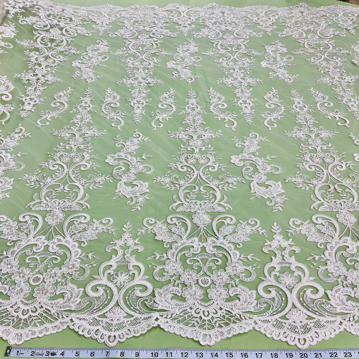 Beaded Corded Bridal Lace Fabric on Polyester Net Mesh