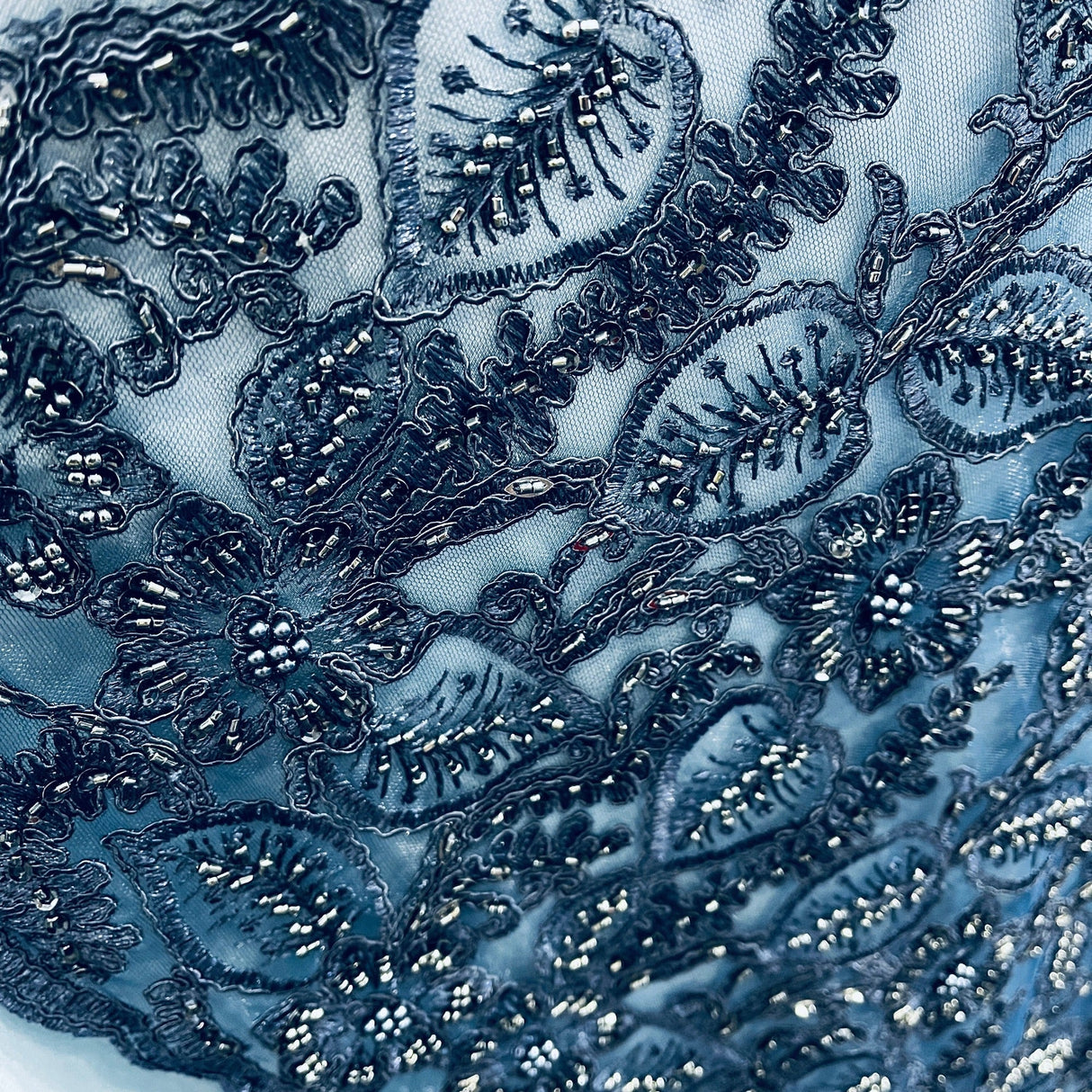 Beaded Corded Lace Navy Mesh