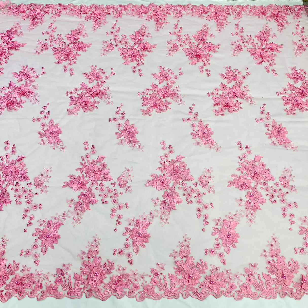 Beaded 3D Floral Lace Fabric