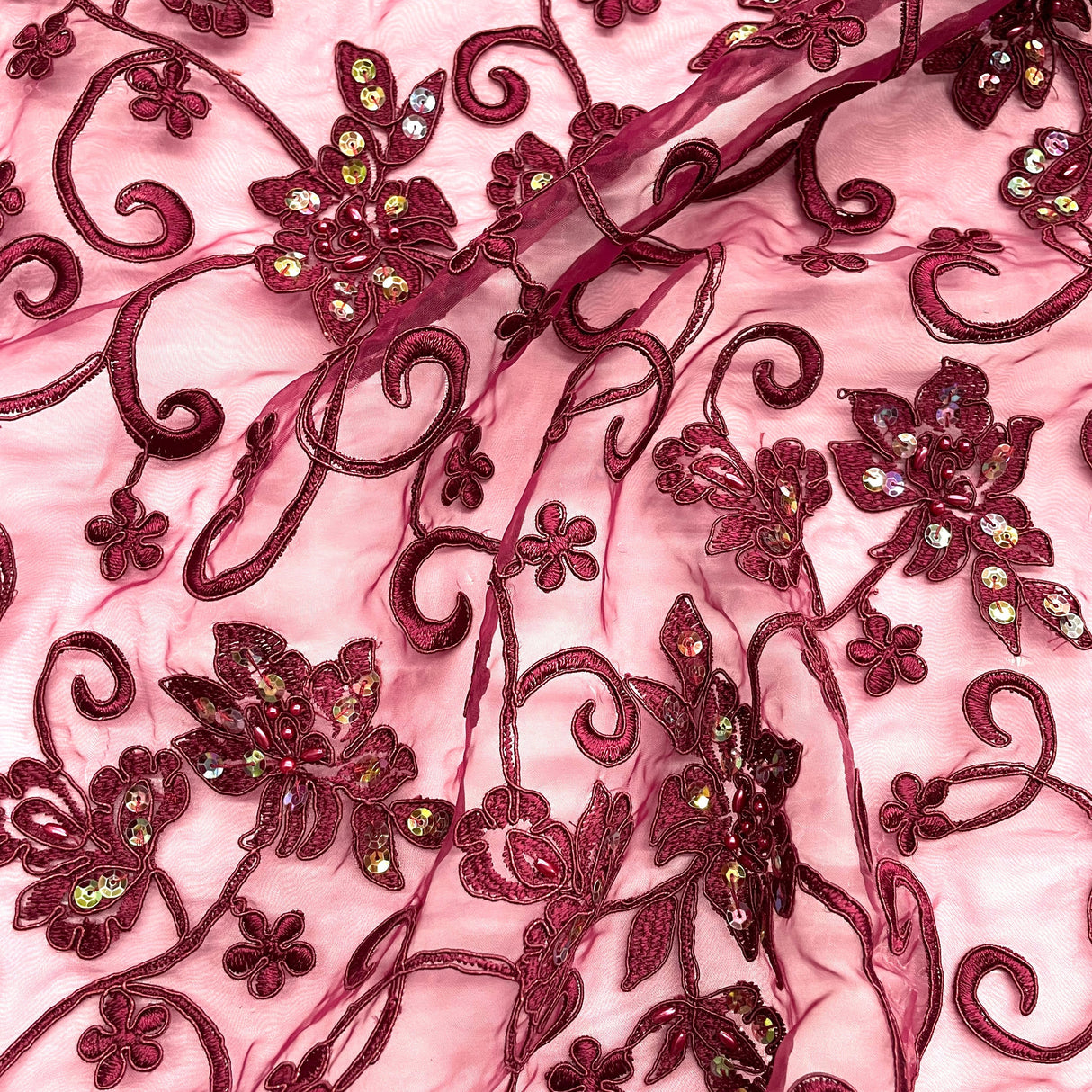 Beaded And Corded Bridal Polyester Organza Fabric - Wine Embroidered Lace, 54" Width (1 Yard)