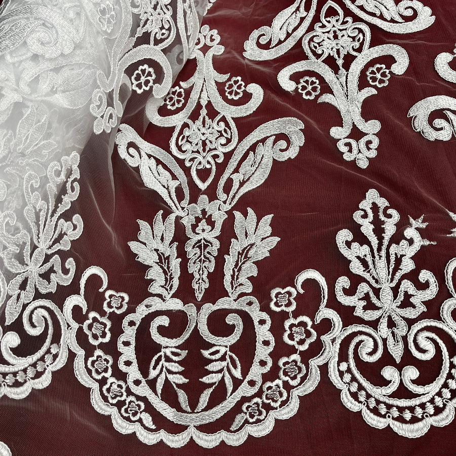 1 Yard Corded Bridal Lace Fabric Embroidered on Polyester Net Mesh