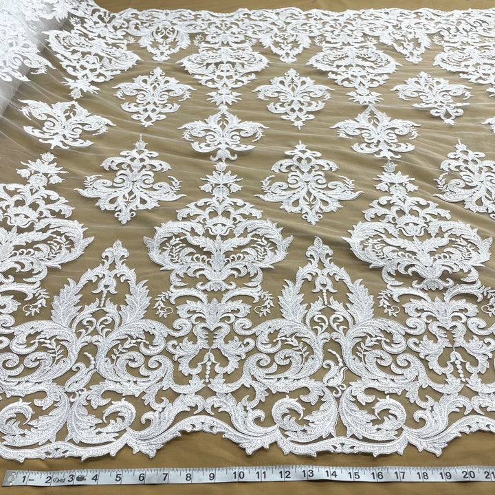 1 Yard Exquisite Corded Bridal Lace Fabric Embroidered on 100% Polyester Net Mesh White