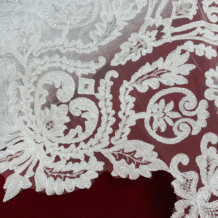 1 Yard Stunning Beaded and Corded Bridal Lace Fabric Embroidered on 100% Polyester Net Mesh White