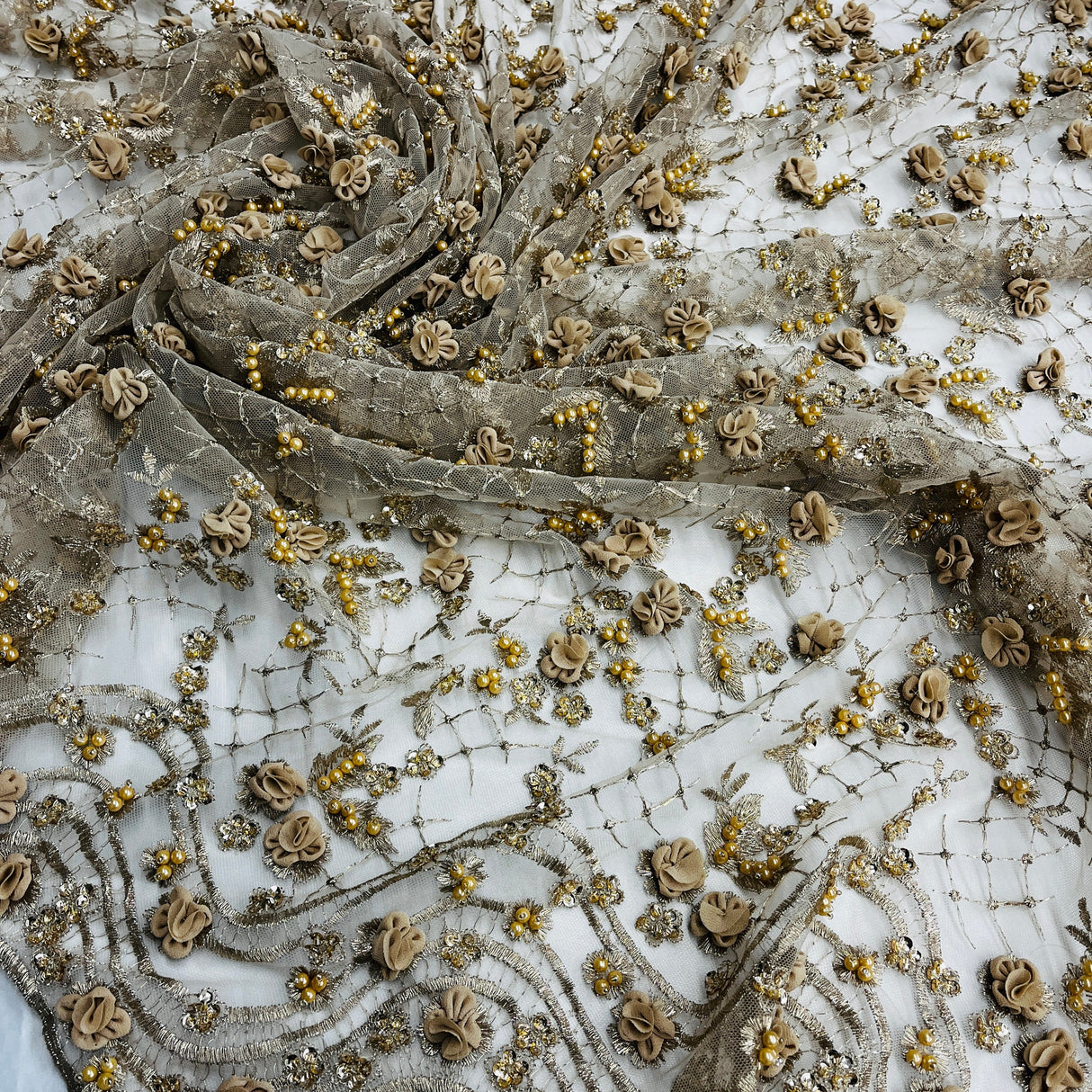 Beaded 3D Floral Lace Fabric