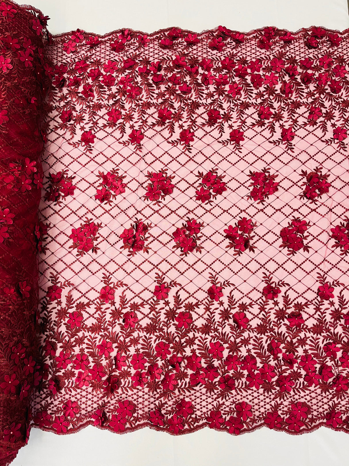 Lia 3D Floral Design Lace Fabric - Beaded Mesh, Double Scallop, 54" Width (1 Yard)