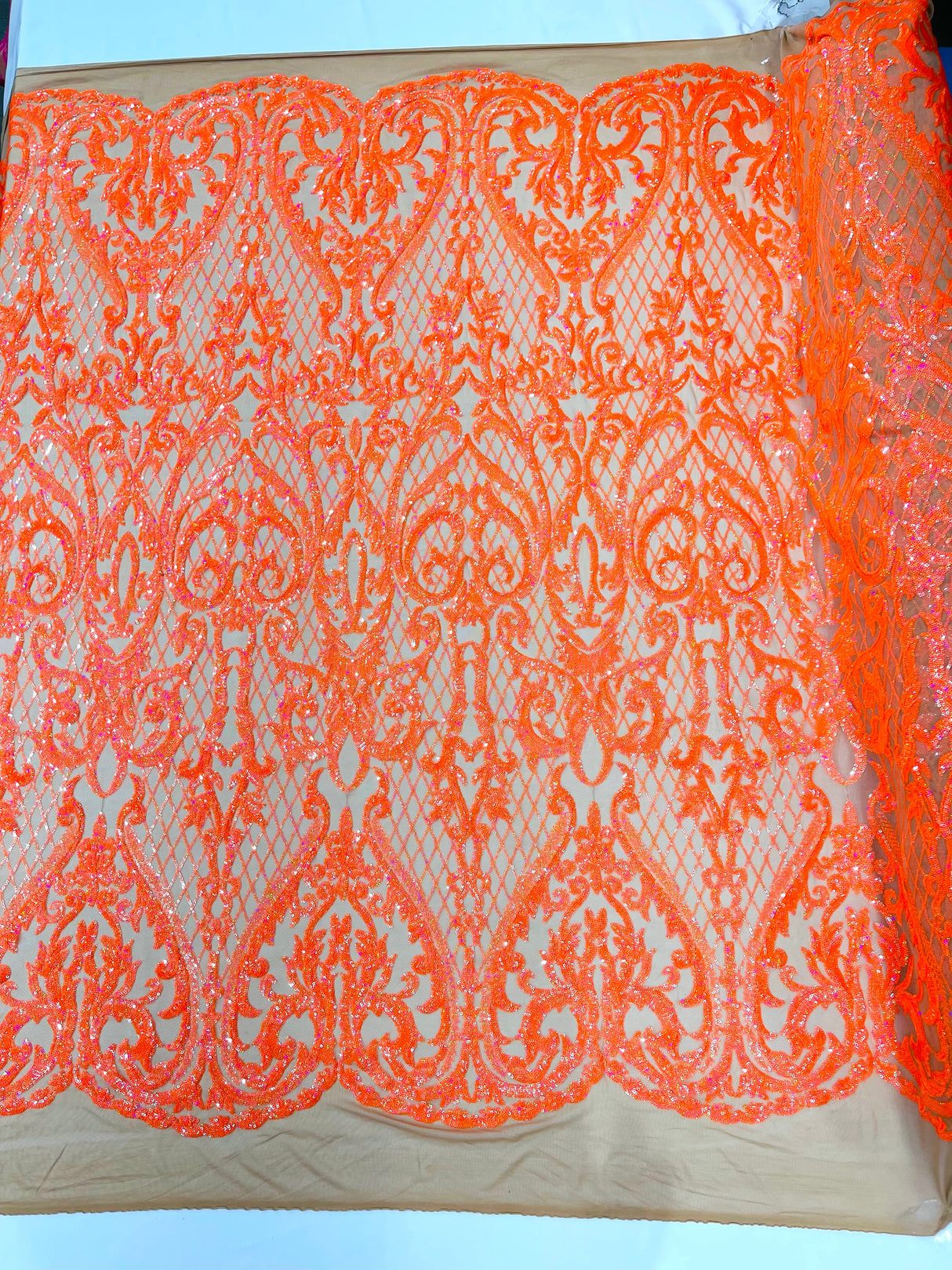 Heart Sequin Damask Polyester Fabric - Heart Damask, Iridescent Sequins, 54" Width (1 Yard)