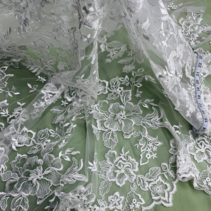 1 Yard Premium Corded Embroidered Bridal Lace Fabric for Elegant Dresses White