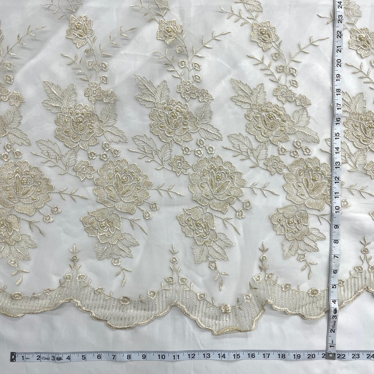 Beaded Lace Fabric on Polyester Net Mesh