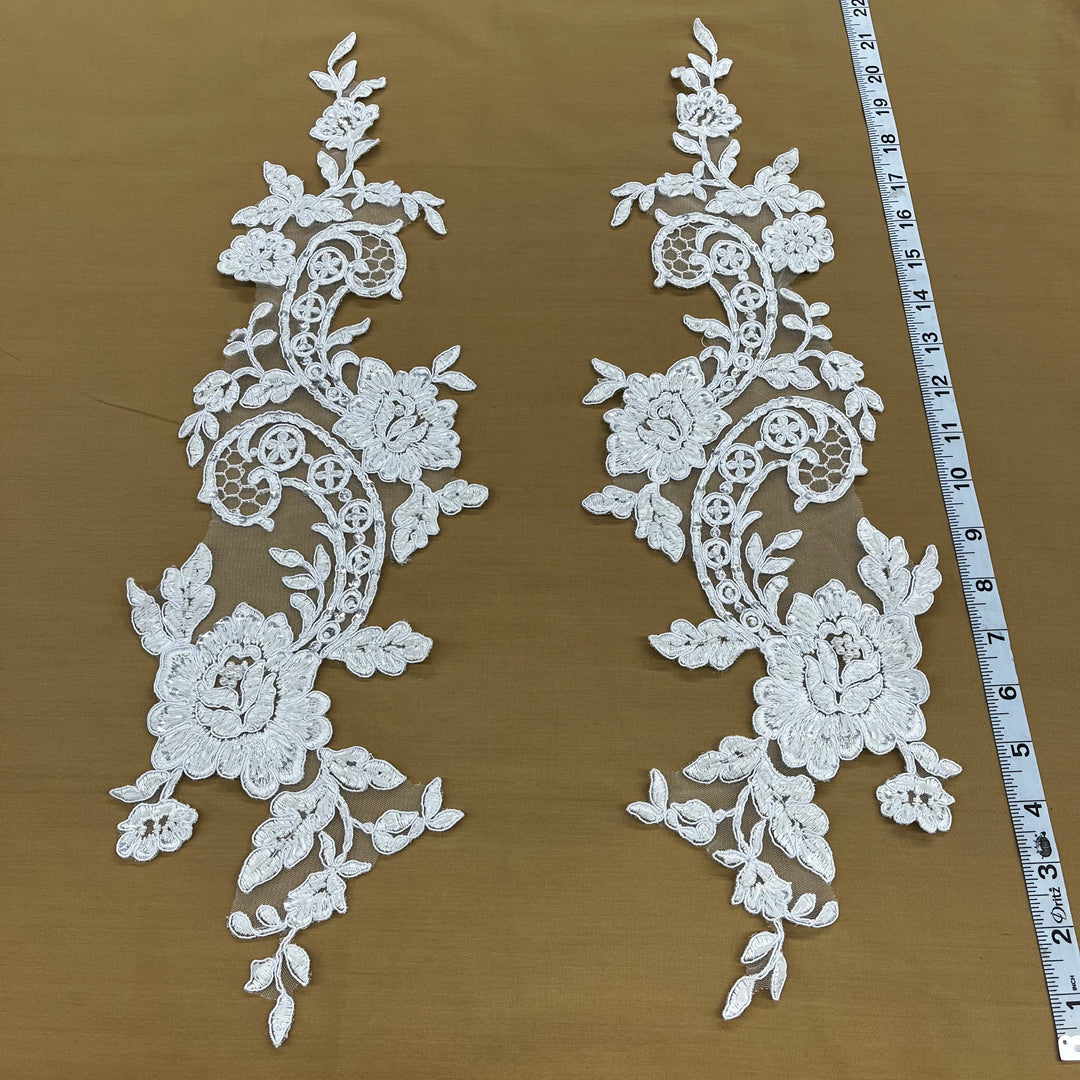 1 Pair 20" x 5.5" Beaded & Corded Floral Lace Applique on 100% Polyester Mesh