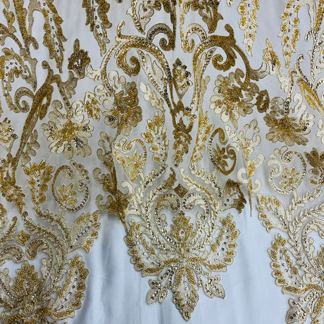 1 Yard Glamorous Beaded and Corded Bridal Lace Fabric Embroidered on Polyester Net Mesh