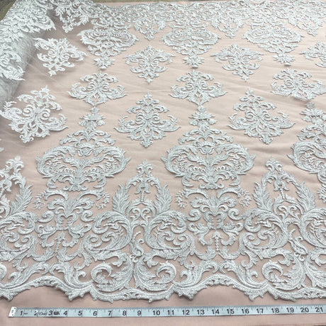 1 Yard Corded Bridal Lace Fabric Embroidered on 100 Percent Polyester Net Mesh Gold