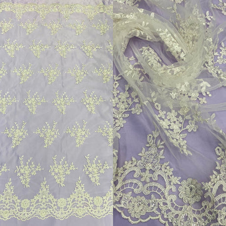 1 Yard Beaded Corded Bridal Lace Fabric Embroidered 100 Percent Polyester Net Mesh 56 inch Width
