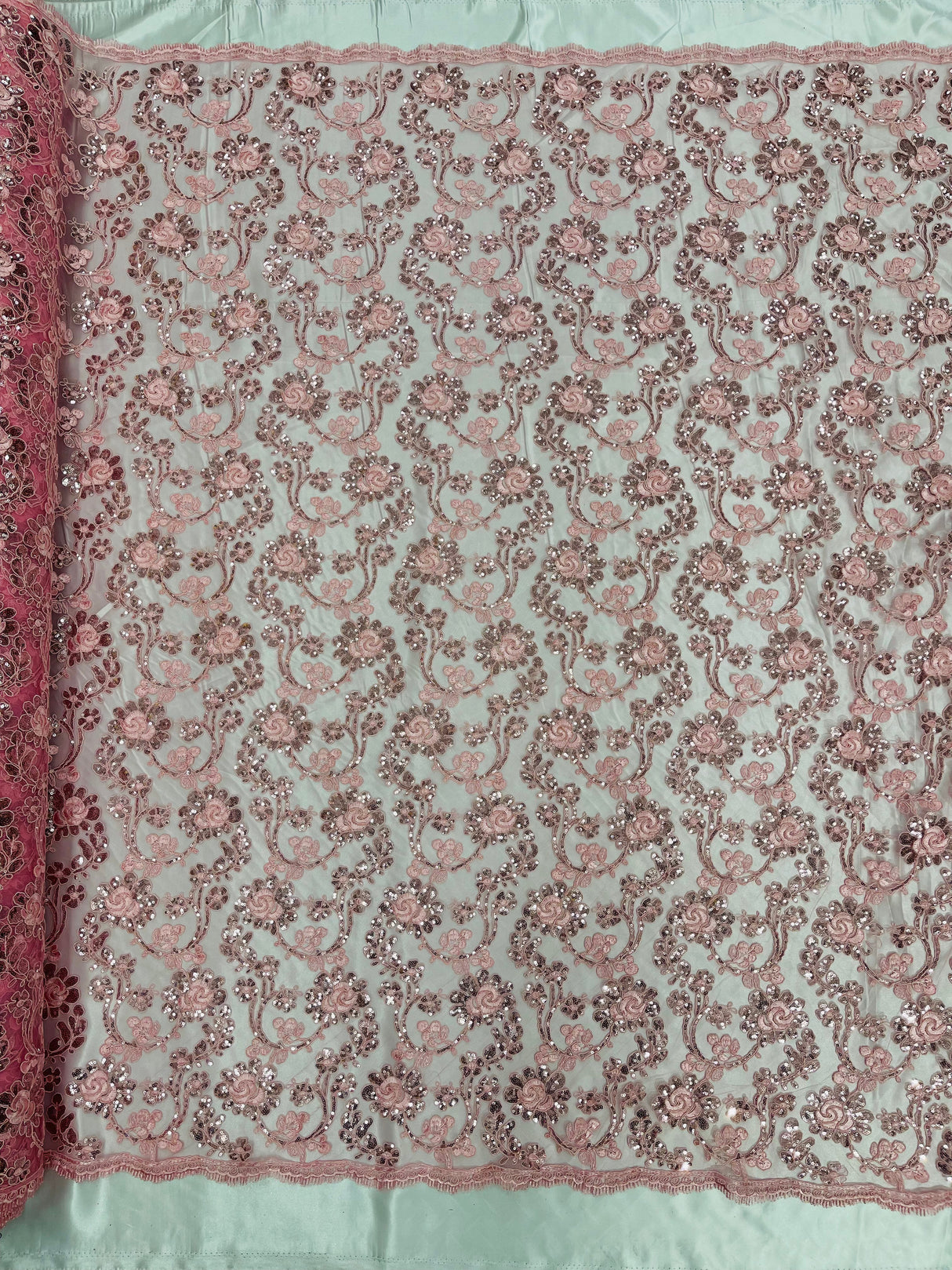 Pamela Floral Lace Polyester Fabric - Floral Corded Embroidered Sequin Lace, 50-54" Width (1 Yard)