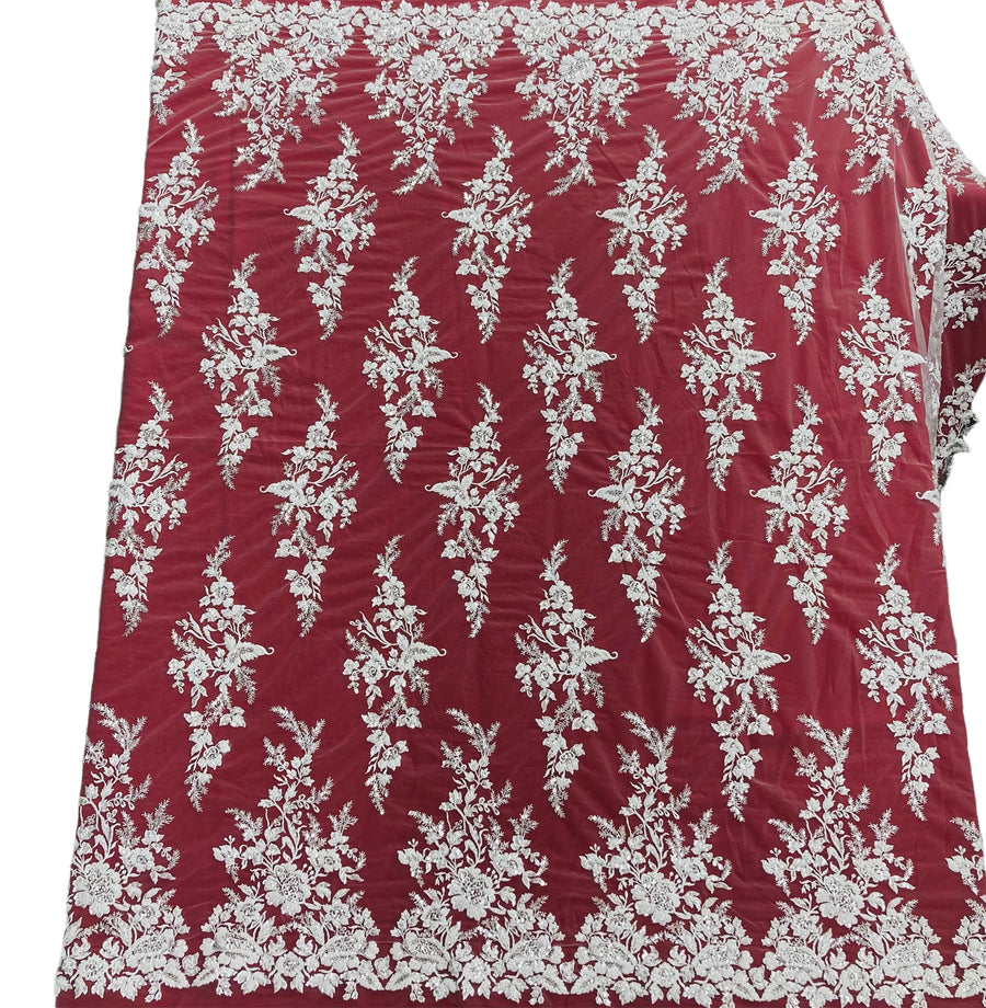 1 Yard Beaded and Sequined Lace Fabric White