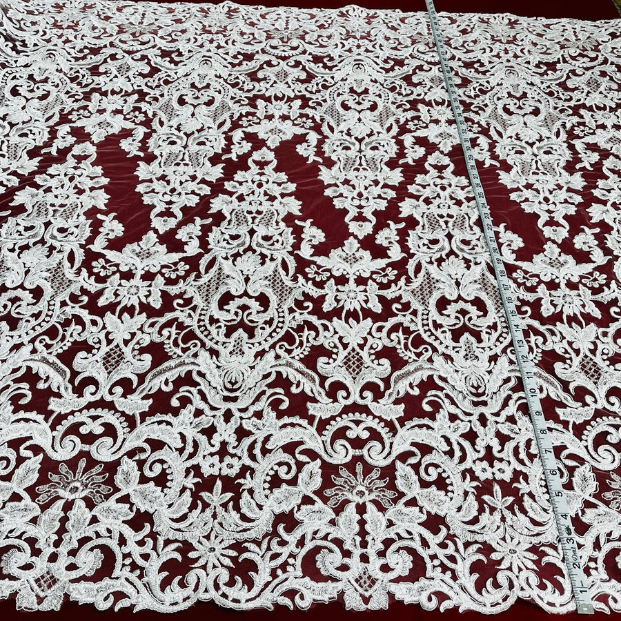 1 Yard Beaded & Corded Bridal Lace Fabric Embroidered on 100% Polyester Net Mesh