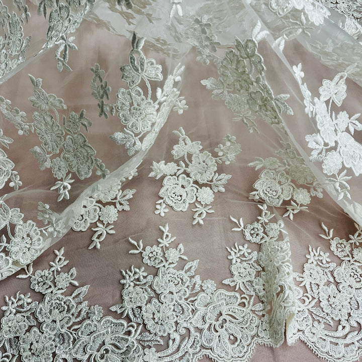 1 Yard Stunning Beaded and Corded Bridal Lace Fabric Embroidered on 100% Polyester Net Mesh White