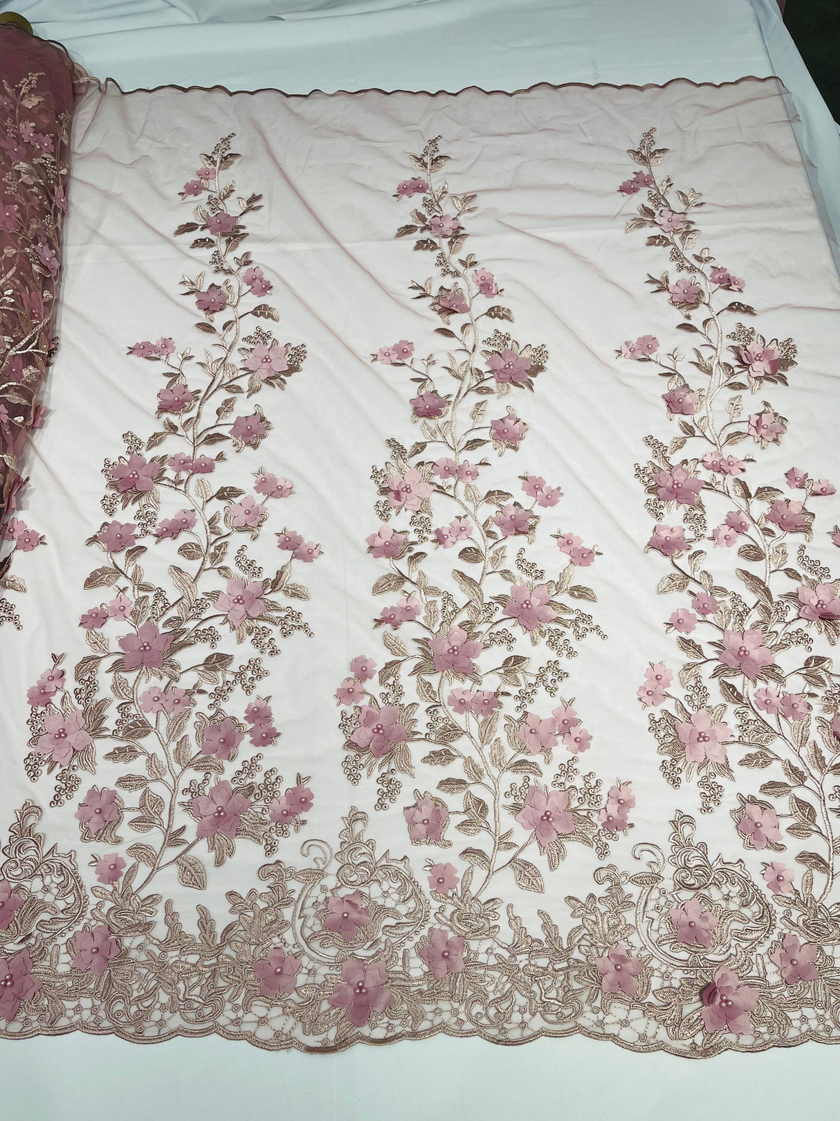 Princess 3D Floral Lace Polyester Fabric - Beaded Mesh Lace, 50" Width (1 Yard)