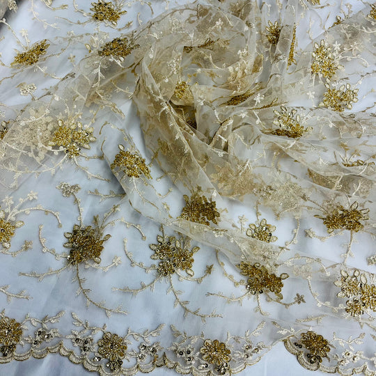 1 Yard Beaded Corded Bridal Lace Fabric Embroidered on 100 Percent Polyester Net Mesh Gold