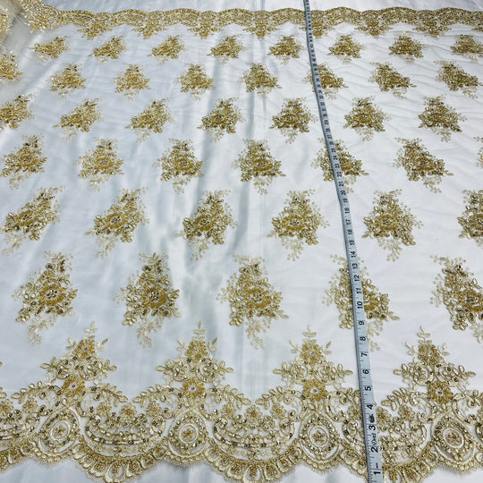 1 Yard Exquisite Beaded and Corded Lace Fabric Embroidered on Polyester Net Mesh
