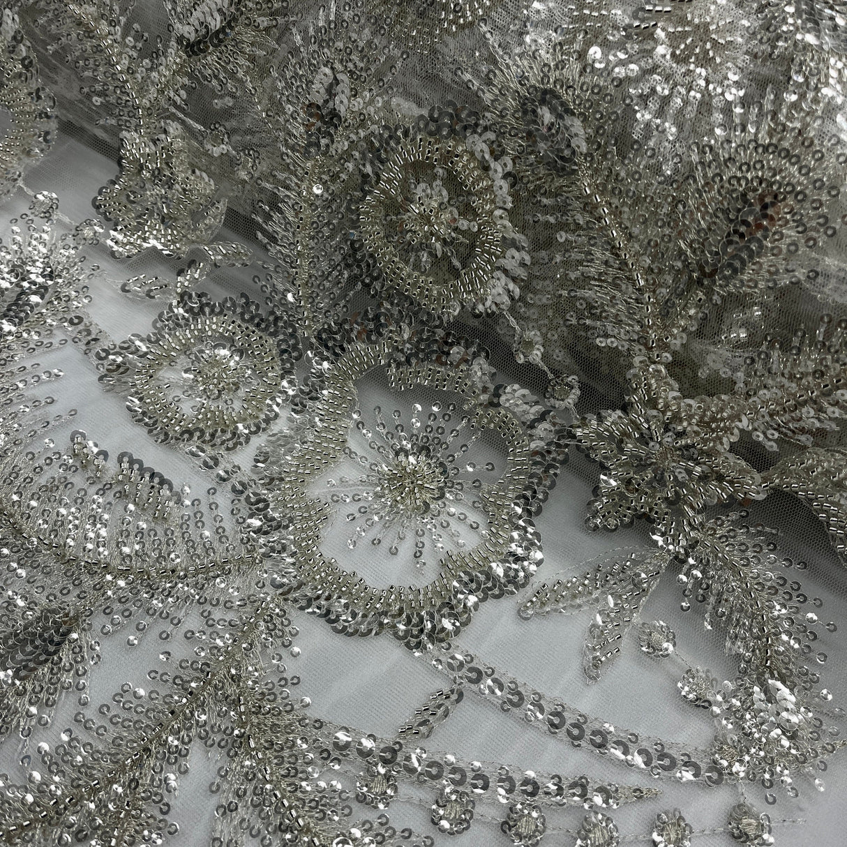 Beaded Lace Fabric Antique Silver