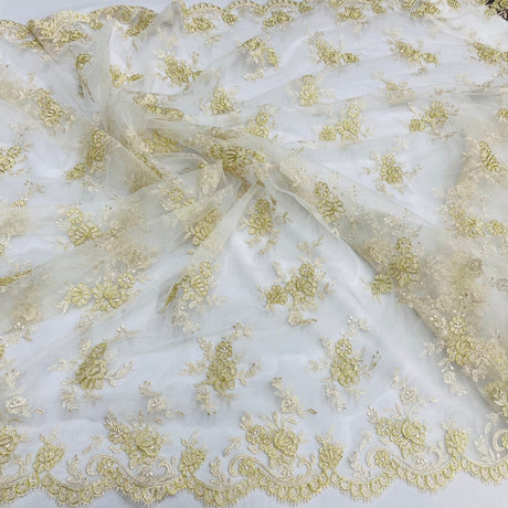 1 Yard - Corded Bridal Lace Fabric Embroidered on 100% Polyester Net Mesh - Ivory with Silver - 56"