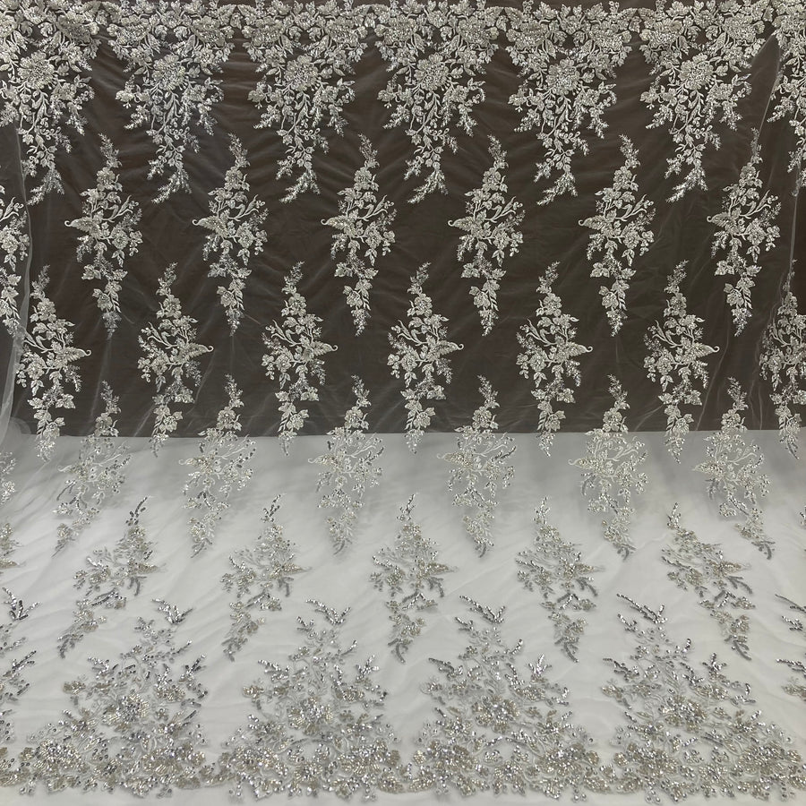 1 Yard Beaded & Sequined Lace Fabric Embroidered on 100% Polyester Net Mesh